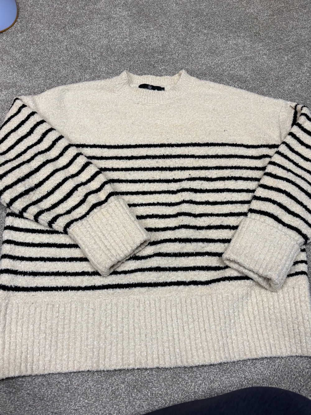 Cream and Black Striped Crewneck Sweater